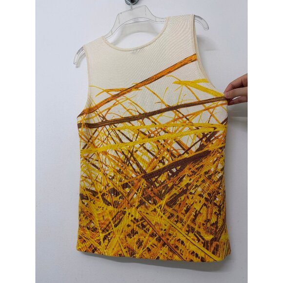 Akris Grass Print Silk Tank Top Sweater Yellow Straw Hay Stripe Sleeveless 10 - Picture 11 of 13